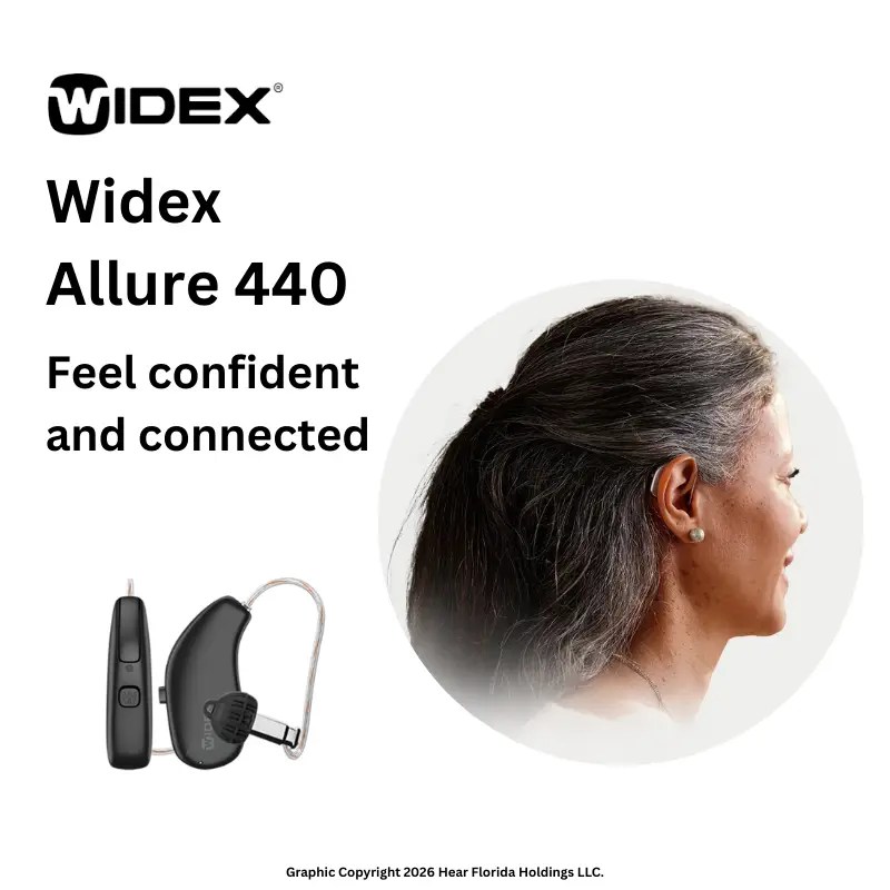 Widex Allure 440 infographic with a pair of Widex Allure 440 hearing aids, the Widex logo, and a middle-aged woman wearing the hearing aid.