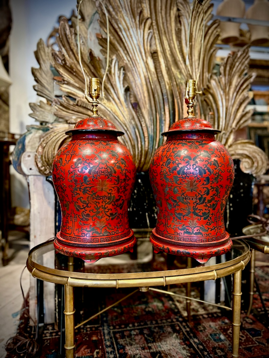 HKFA - Heather Karlie Fine Art. Chinoiserie style cinnabar lamps and antique Venetian headboards at Karlie Gallery in Philadelphia.