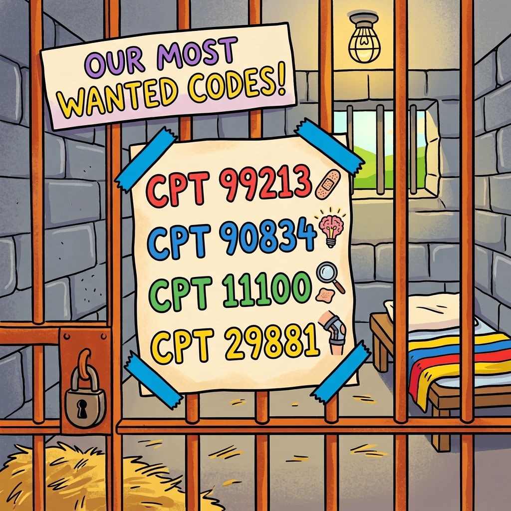 OUR MOST WANTED CODES! CPT 99213, CPT 90834, CPT 11100, CPT 29881, CPT 78800