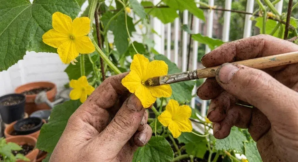hand pollinating cucumber flowers on balcony using paintbrush