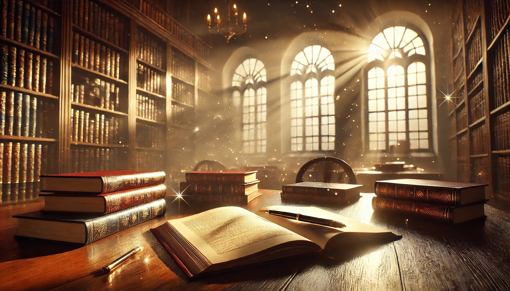 A sunlit library with large windows casting golden light over a wooden table scattered with open books and a journal with a pen, dust motes floating in the air, surrounded by shelves of richly colored books.