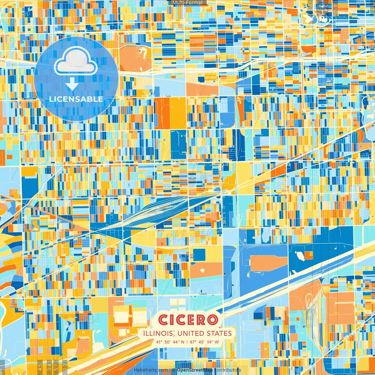 Cicero Illinois United States Blue And Orange Vector Art Map Template