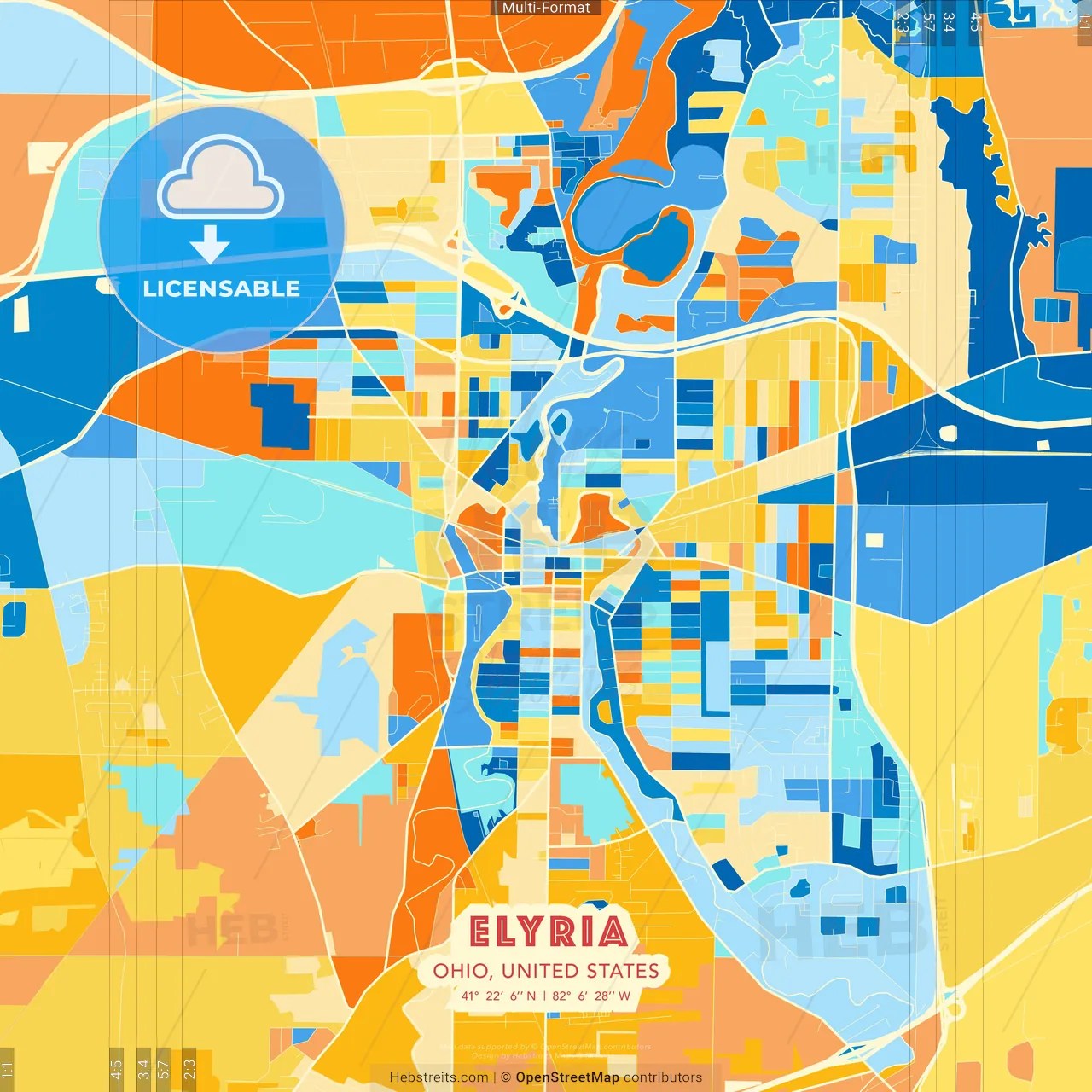 Elyria Ohio United States Blue And Orange Vector Art Map Template