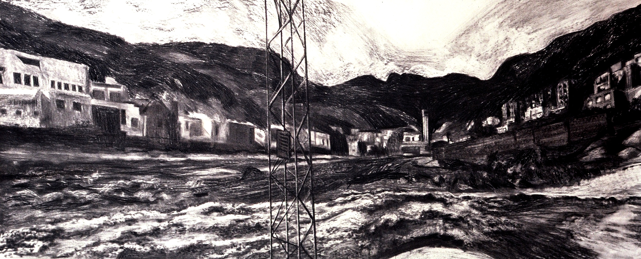 Panorama (mosquée, terrain vague, banlieue) 2007, fusain sur papier, dimensions perdues