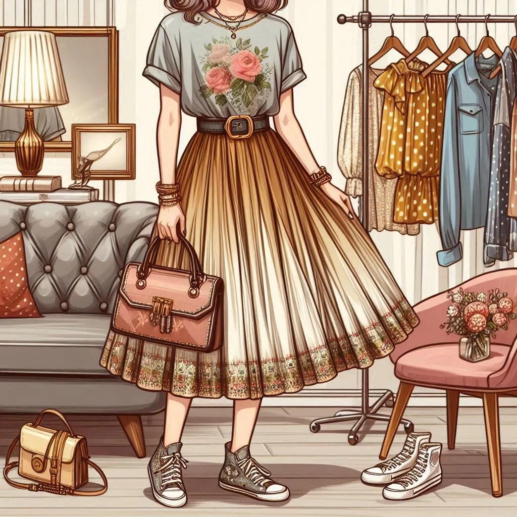 A stylish, well-lit dressing room or boutique setting with a mix of modern and vintage decor elements.