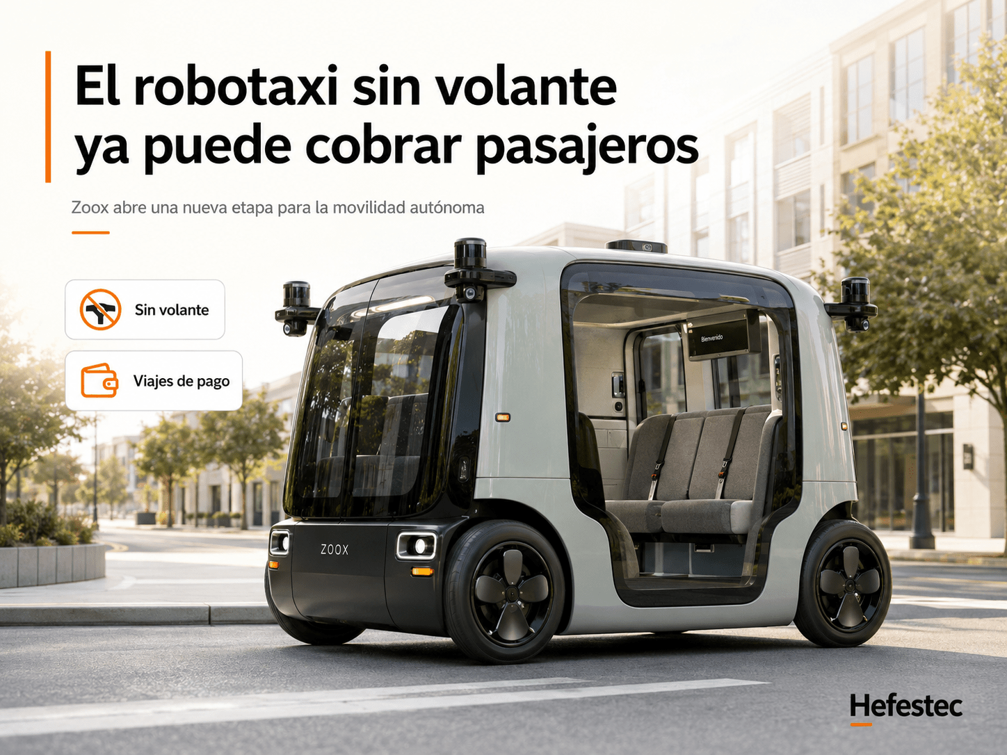 Robotaxi de Zoox sin volante ni pedales preparado para ofrecer viajes de pago
