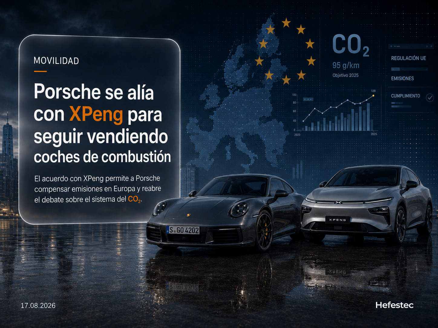 Porsche y XPeng frente a un gráfico de emisiones de CO2 en Europa