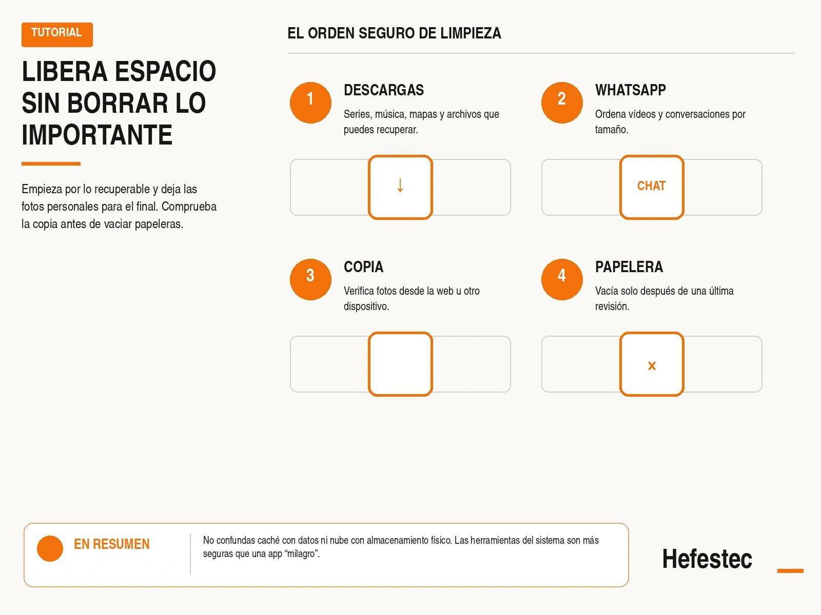Orden seguro para liberar espacio del móvil sin borrar archivos importantes
