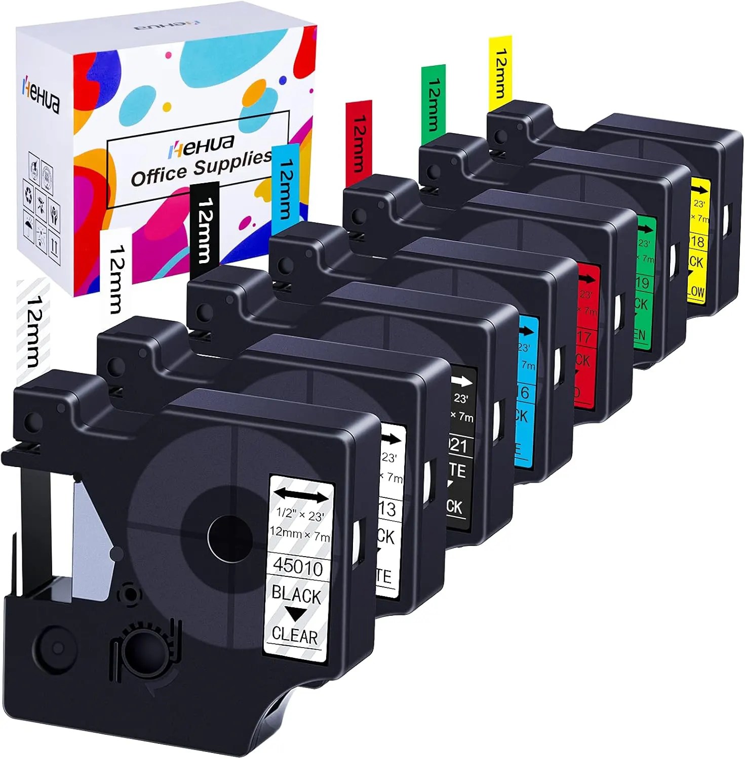 Hehua Compatible Label Tape Replacement for Dymo D1 Label Tape 12mm 45013 45010 45016 45017 45018 45019 45021 for LabelManager 160 280 210D 360D 420P 220P 260P 450D 500TS 450DUO (7 Pack)