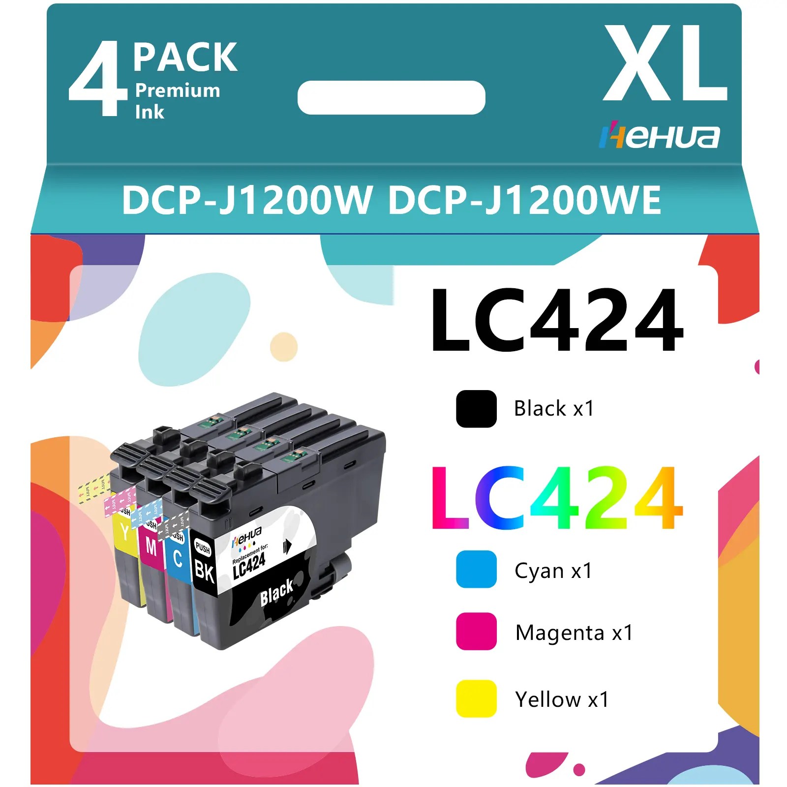 hehua LC424 Druckerpatronen Kompatible f??r Brother LC424 Patronen Set LC424 Tinte LC 424 LC-424VAL f??r Brother DCP-J1200W Patronen DCP-J1200WE Patronen (1 Schwarz,1 Cyan,1 Magenta,1 Gelb,4 Pack)