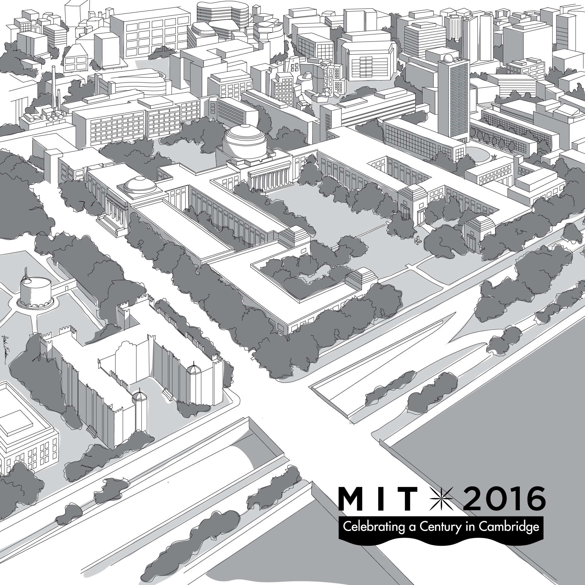Illustration of the MIT Campus that was transferred onto a ceramic tile and distributed in a printed box as a commemorative gift on the occasion of the centennial anniversary of MIT's relocation to the current site in Cambridge.