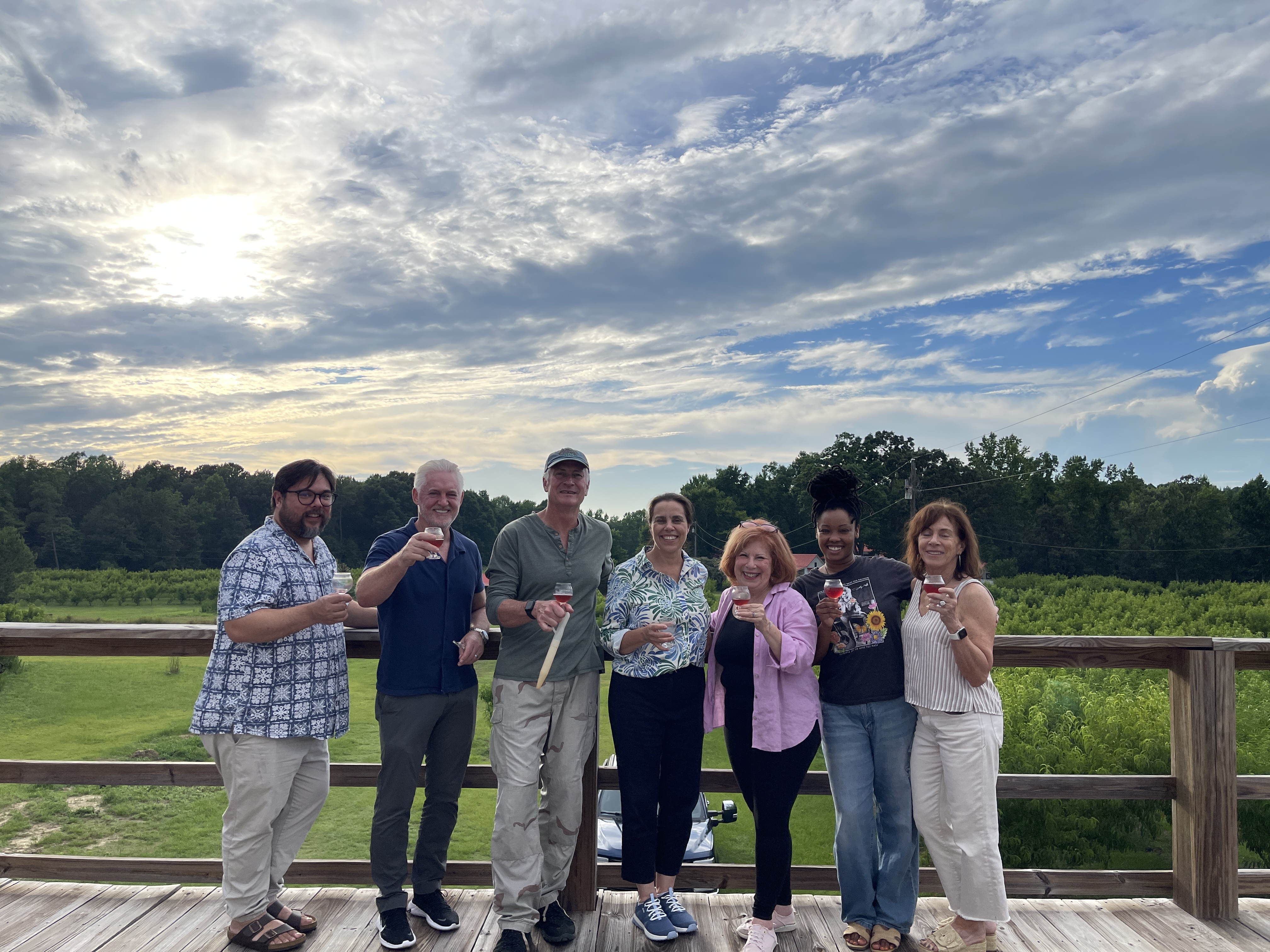 a group of people toasting with glasses in the air and a beautiful sku behind them