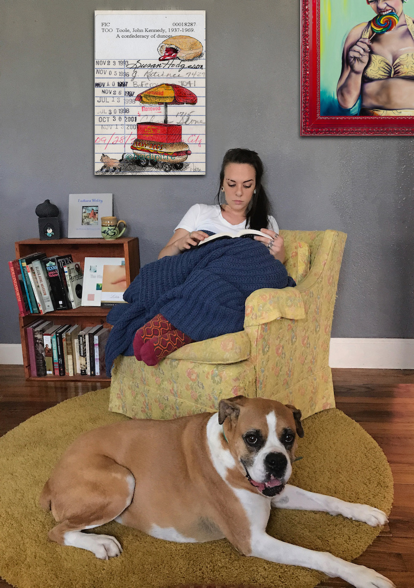 Heidi Pitre illustrates lucky dog hotdog stand and jelly donut from Toole's confederacy of dunces in New Orleans on vintage library card.