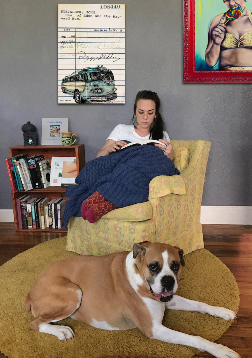 Heidi Pitre illustrates a vintage bus on the wayward bus by John Steinbeck on vintage library card