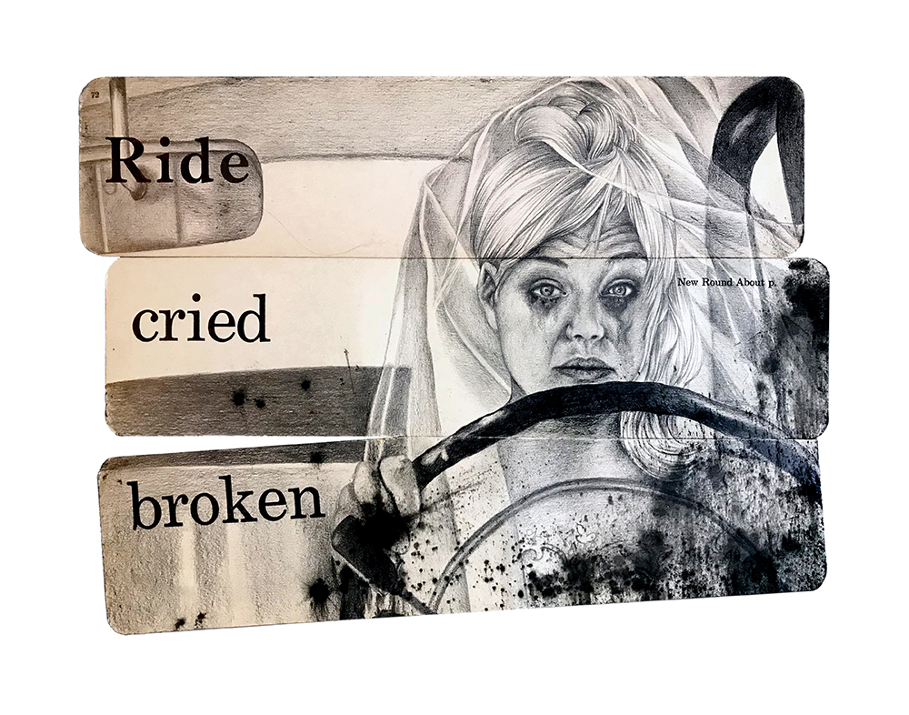 Heidi Pitre charcoal drawing of a bride driving on vintage ephemera school flash cards. ride cried broken