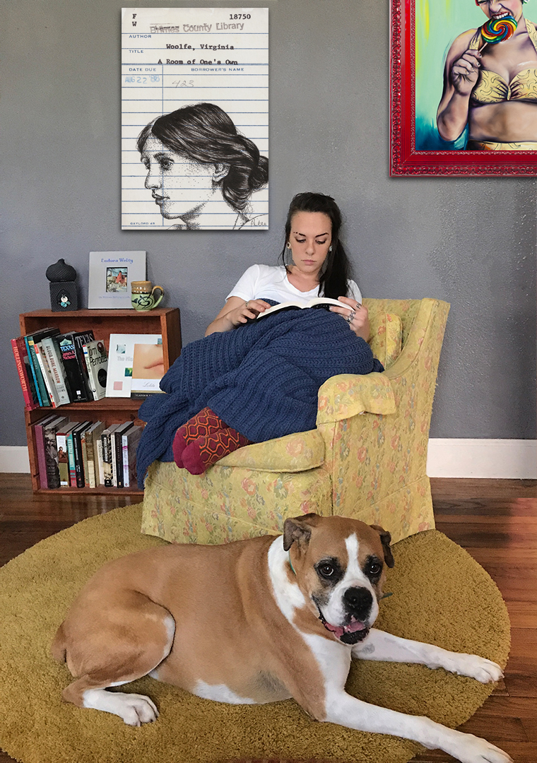 Heidi Pitre illustration of Virginia Woolf in pen and ink on an oversized canvas print from a room of one's own.