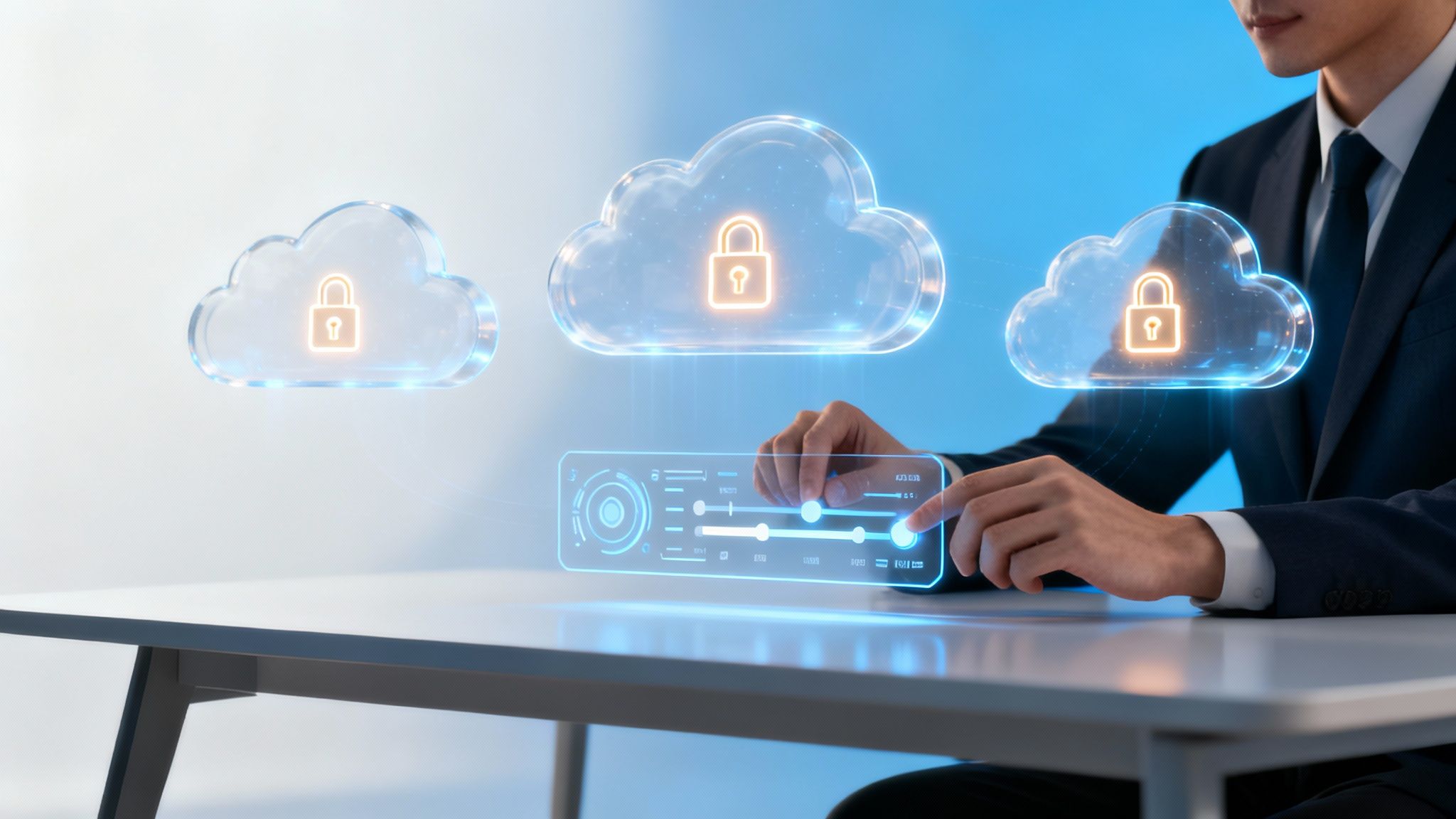 Business professional interacting with digital interface displaying secure cloud icons, representing multi-cloud security challenges in cybersecurity consulting.