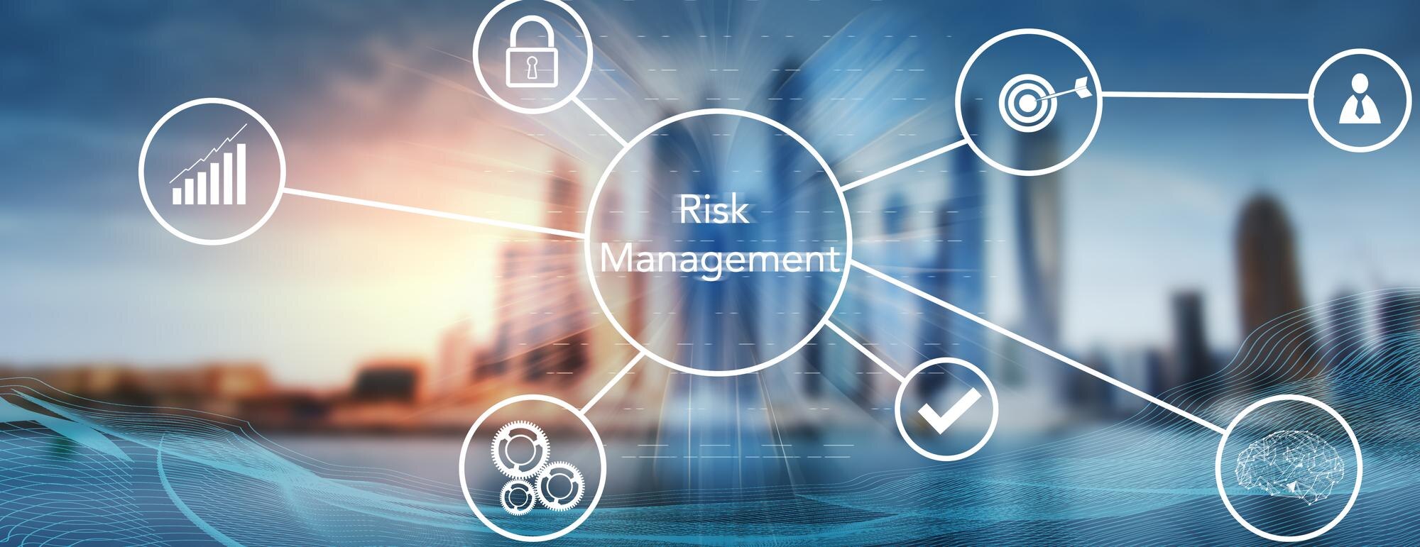 Risk management concept with icons representing cybersecurity, compliance, and business growth, set against a blurred cityscape background.