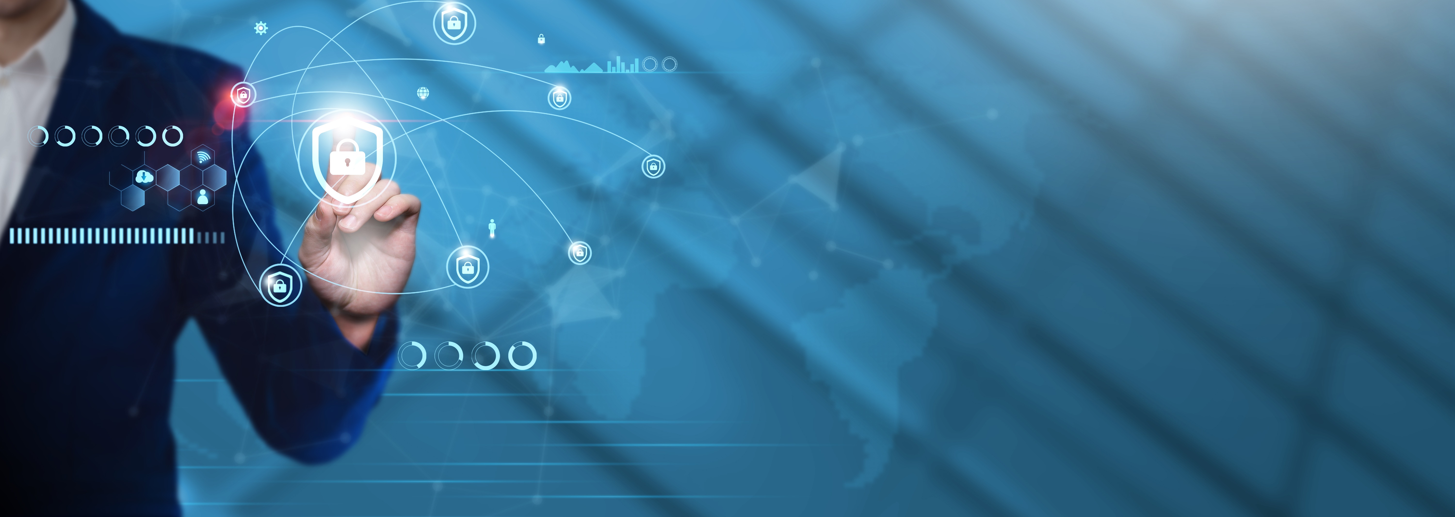 Business professional interacting with digital cybersecurity icons and a world map, symbolizing strategic frameworks for CISOs in healthcare and finance.