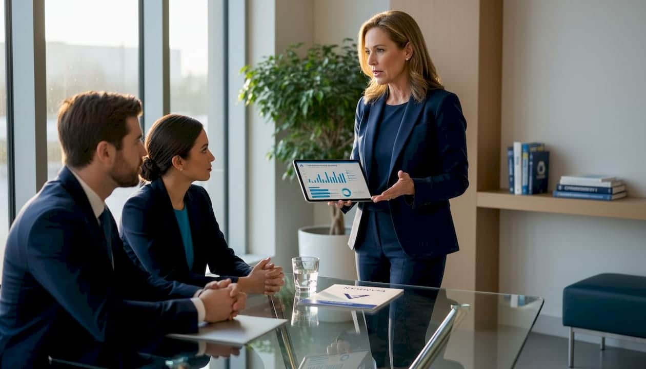 Healthcare executive leads compliance meeting
