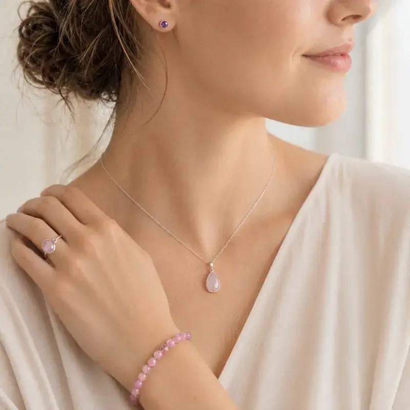 Eine Frau trägt eine Halskette mit Edelsteinanhänger, ein Rosenquarz Armband und einen Ring und Amethyst Ohrringe