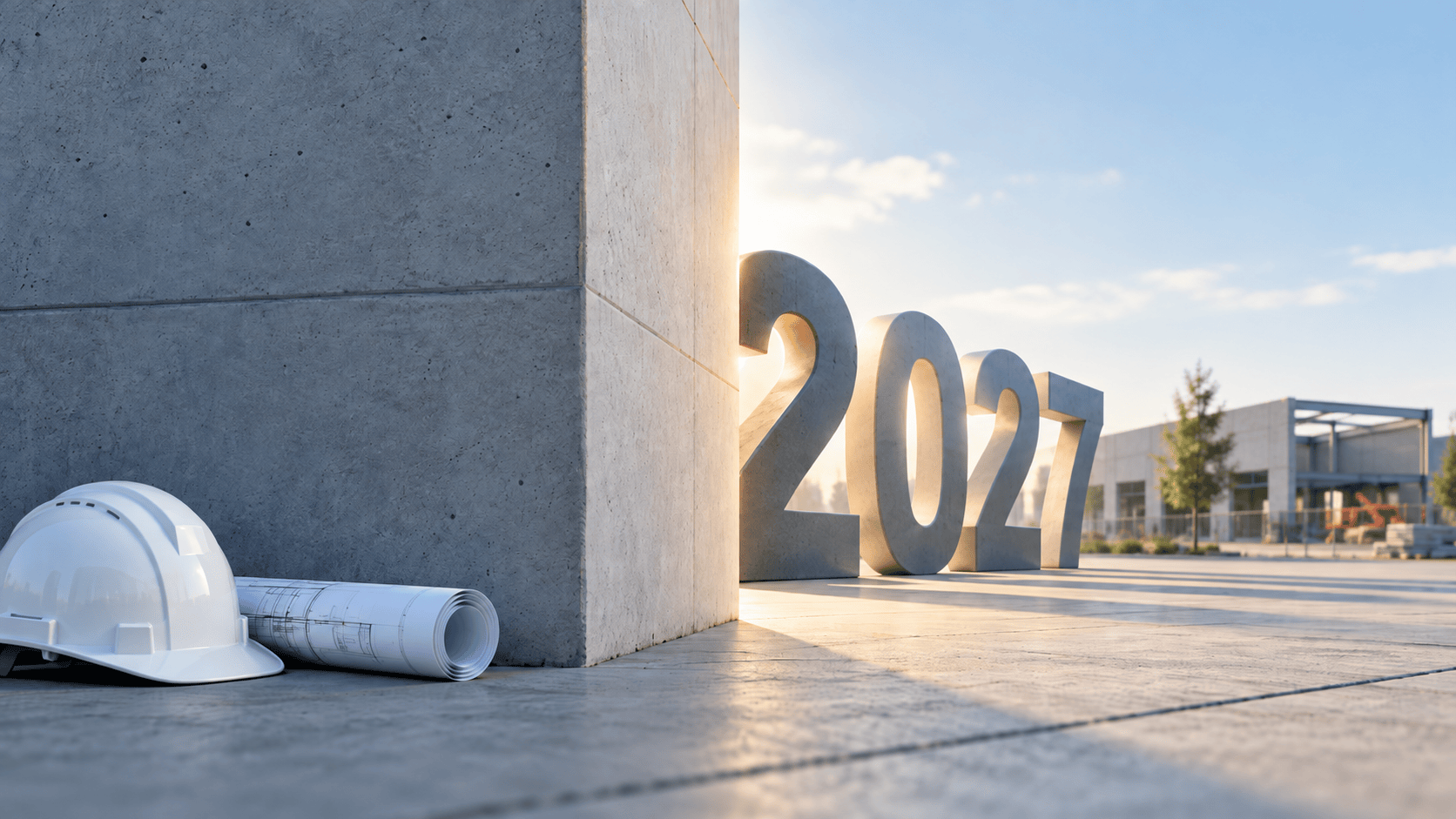 White hard hat and rolled construction plans beside a concrete wall, with large “2027” numerals and a modern building under construction in the background.
