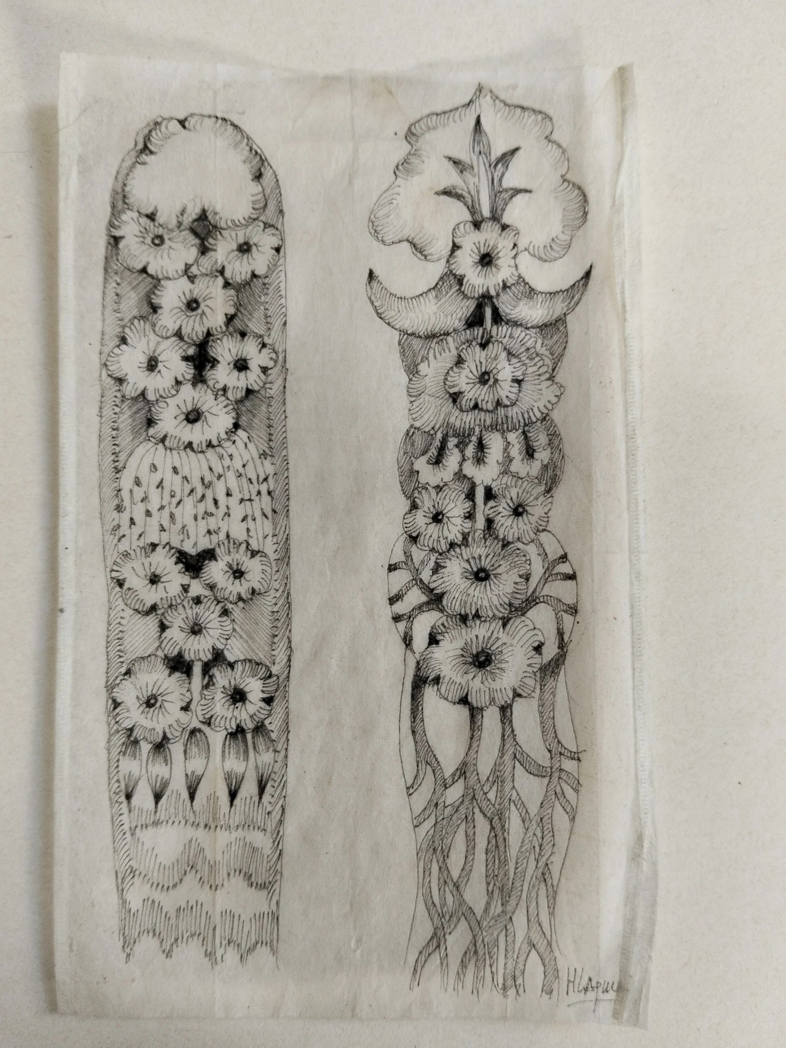 Deux formes végétales imaginaires dessinées à l’encre sur des sachets de thé.