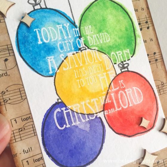 Heat-embossed resist and Watercolored Ornaments | a card by Helen G. http://wp.me/p1DmW0-26t #cardmaking #handmadecard #christmascard #heatembossing #watercoloring