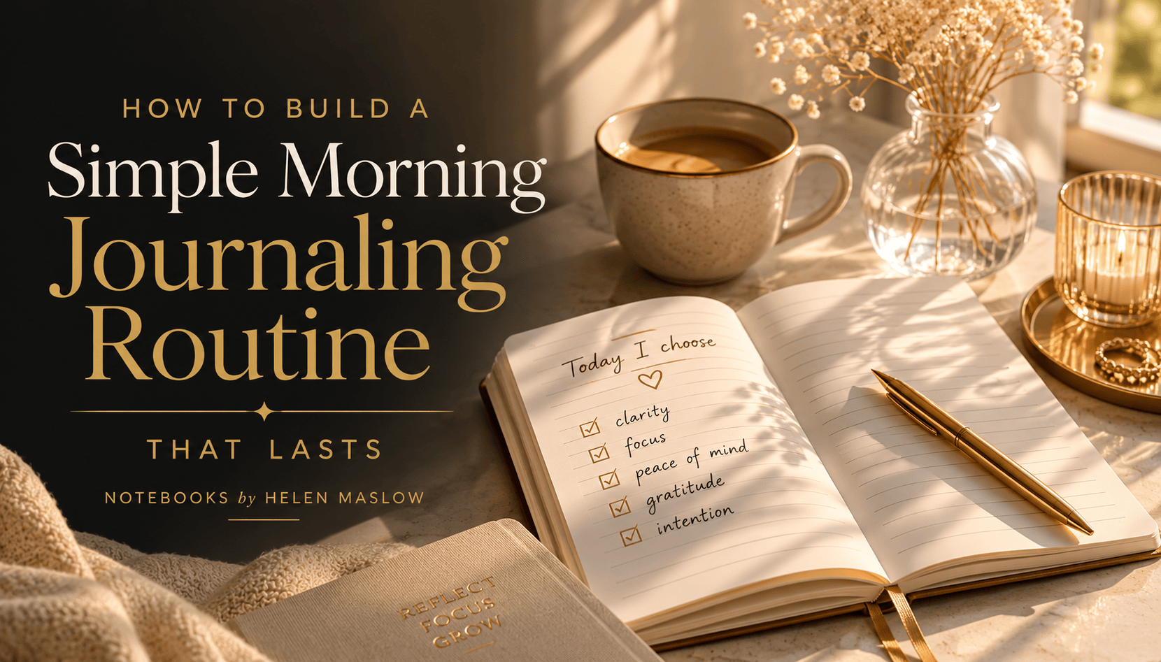 Open notebook with morning journal prompts, pen, coffee cup, and soft natural light for a simple morning journaling routine.