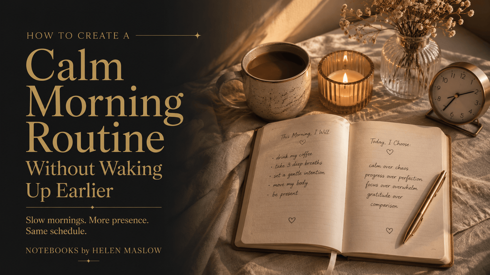 Open notebook, coffee cup, and soft morning light on a desk for a calm morning routine without waking up earlier.