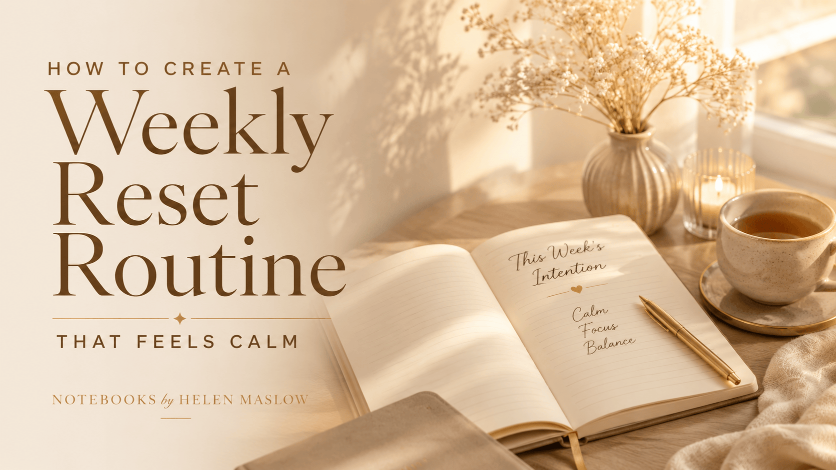 Open notebook with weekly planning notes, journal pages, coffee cup, and pen during a calm weekly reset routine at home.