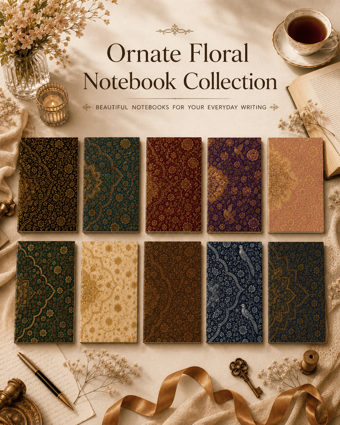 Ornate Floral Notebook Collection featuring ten elegant notebooks with intricate gold floral patterns in rich jewel tones, styled with flowers, tea, vintage stationery, and decorative details.