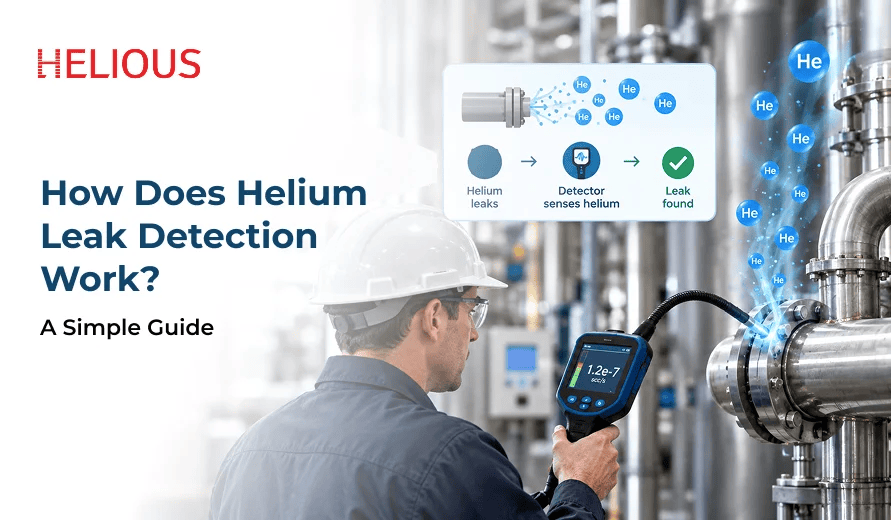Image of a technician using a helium leak detector beside industrial pipes, with helium leak-detection steps shown.