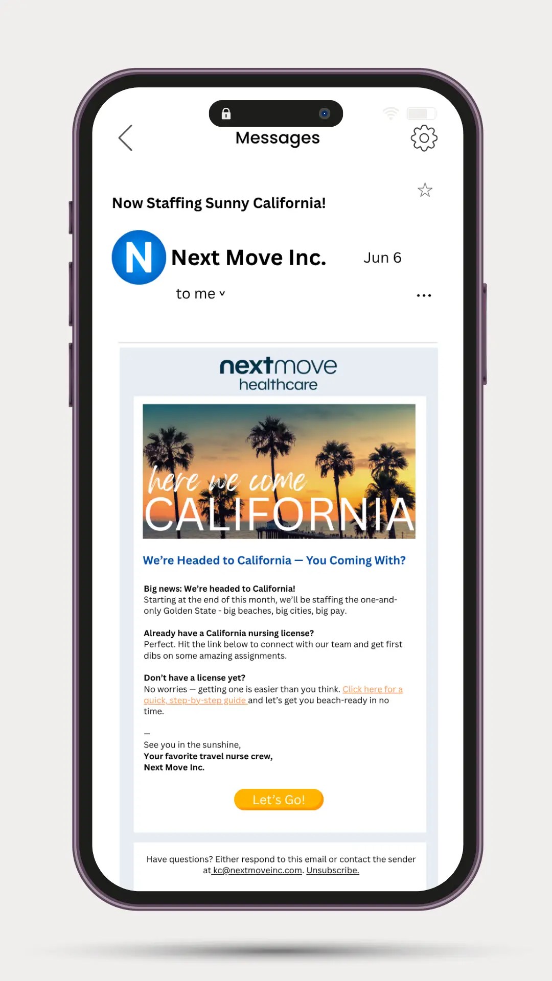 Email marketing sample from Next Move Healthcare