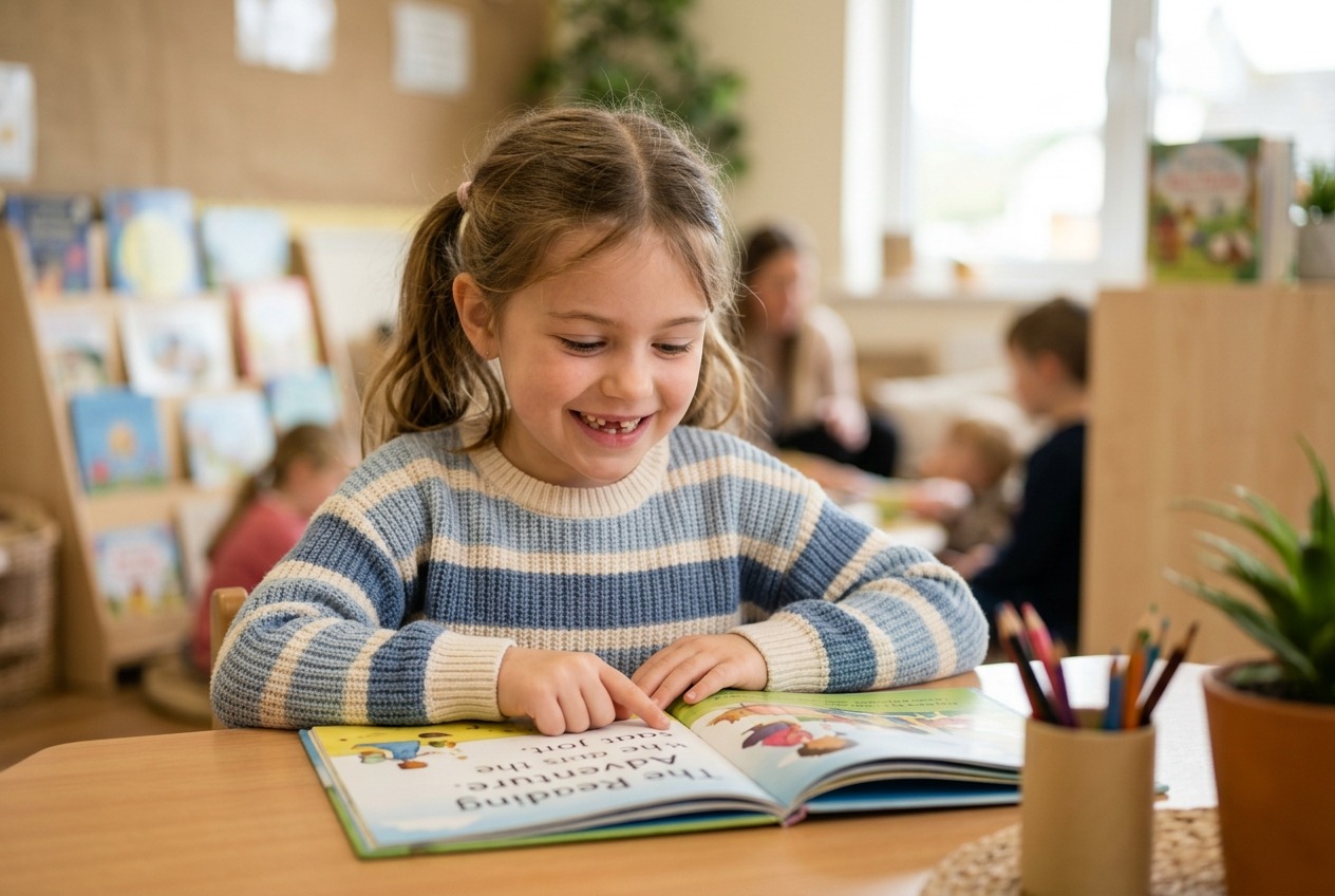 A smiling girl reads an illustrated book at a table in a classroom, with bookshelves and other children visible in the background.