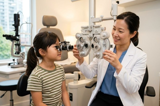 Optometrist examines a child's eyes using a phoropter in an exam room, smiling.
