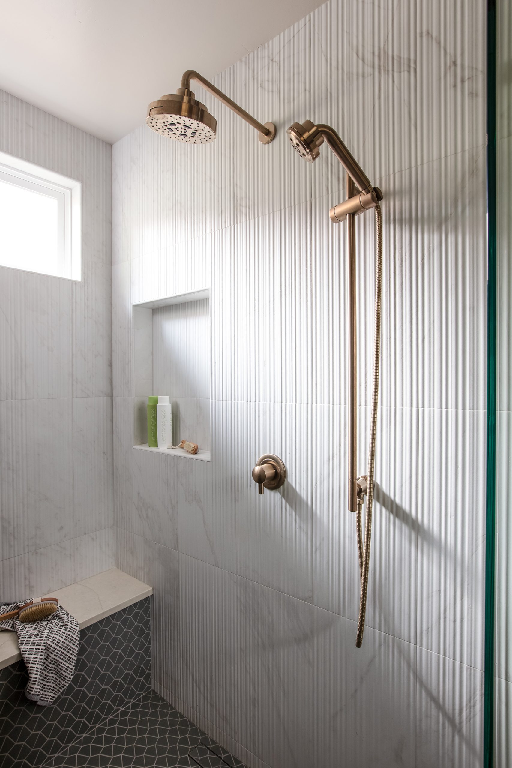 primary bathroom, master bathroom, interior design, San Diego interior design, bathroom design, custom shower, tiled shower, shower design, shower enclosure, shower