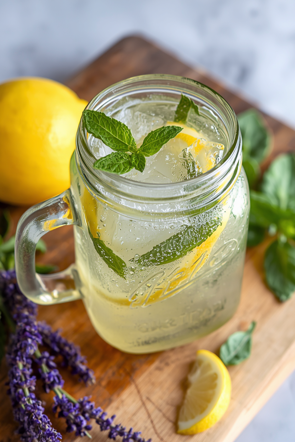 Mason jar with sparkling water, lemon balm, lemon slices, and lavender