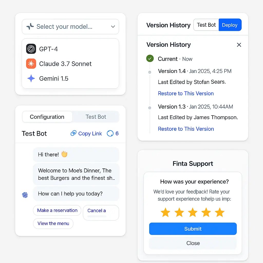 Hello Moe chatbot builder features including AI model selection, version history, test bot, and customer feedback