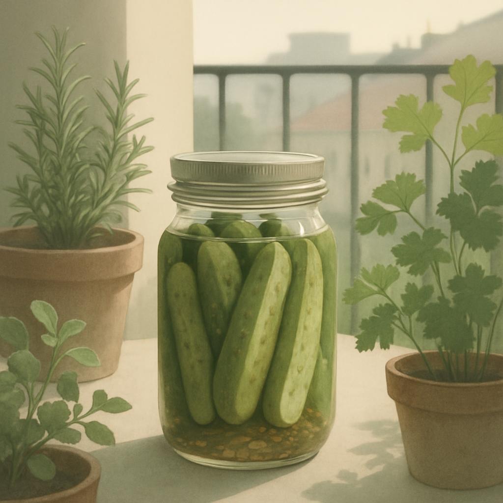 An arrangement of pickles in a clear, sealed jar on a white countertop. Around the jar are pairs of clay pots, some with g...