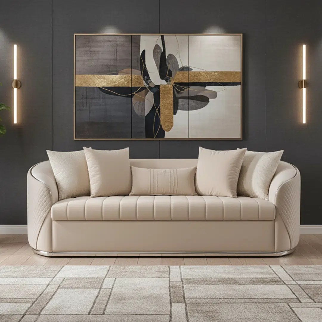 Channel Curved Arm Sofa Set – Luxury Beige Velvet
