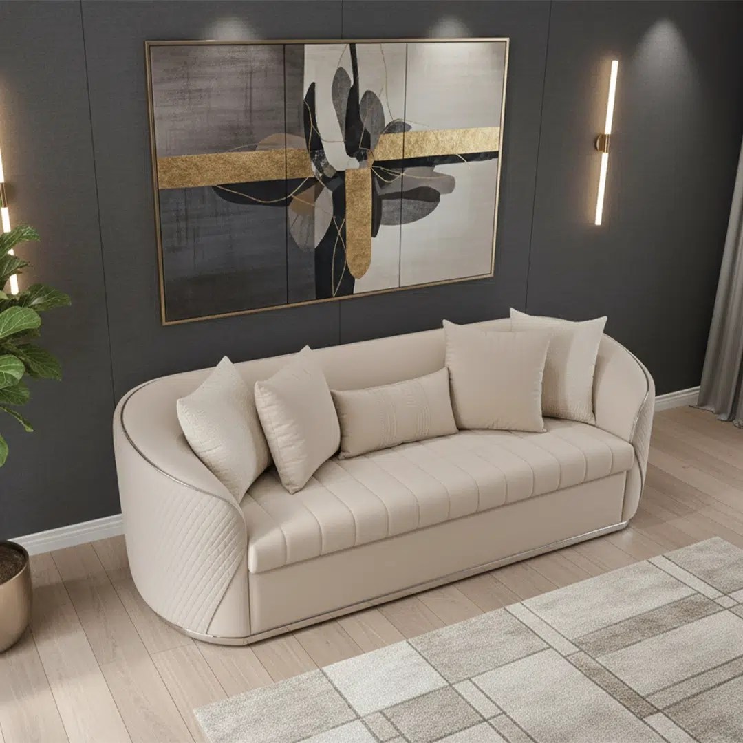 Channel Curved Arm Sofa Set – Luxury Beige Velvet