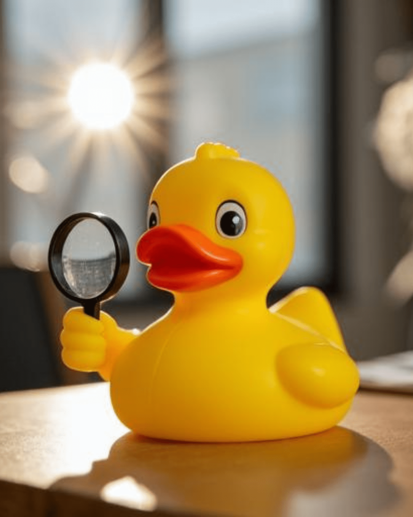 Rubber duck holding a magnifying glass