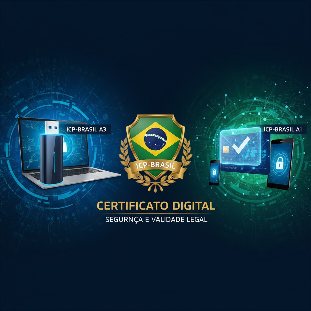 Ilustração sobre certificado digital exibindo um token USB para ICP-Brasil A3 à esquerda, o brasão da ICP-Brasil ao centro e dispositivos móveis com ícones de segurança à direita, sobre um fundo azul tecnológico.