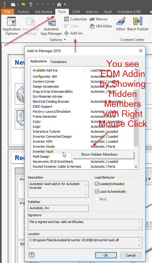 Vault Ribbon Does Not Appear In Inventor Inventor Autodesk Knowledge Work Unload and uncheck the Load Automatically option for the Inventor Vault Add-In and restart Inventor LT.