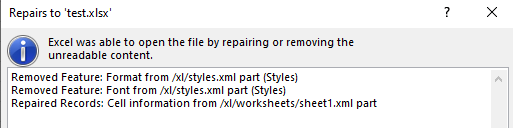 "removed feature: format from/xl/styles.xml part(styles)" appear in exported excel file from