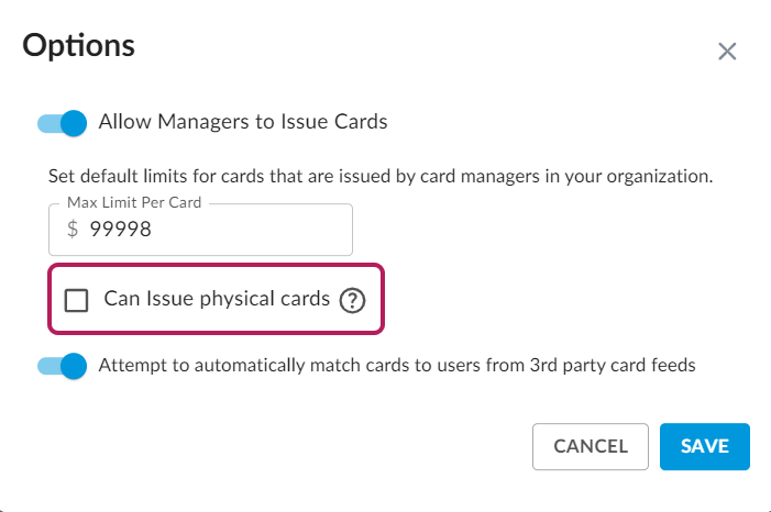 Enable card issuing for managers