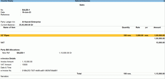 e-Invoice Details in Voucher Display Mode in TallyPrime