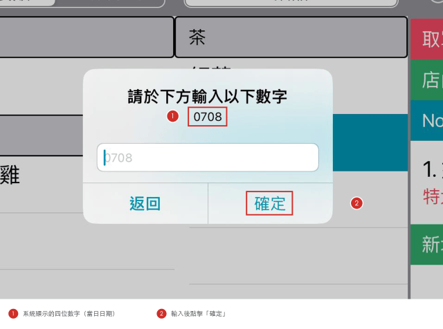 POS App 送出訂單時跳出的驗證碼視窗，紅框標示系統顯示的四位數字 0708 與「確定」按鈕