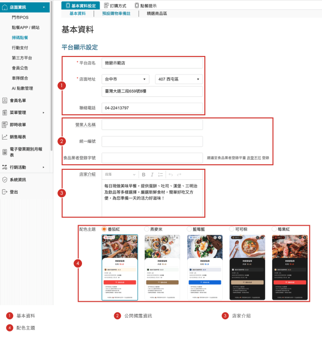 後台管理系統掃碼點餐的基本資料頁，紅框標示基本資料、公開揭露資訊、店家介紹與配色主題